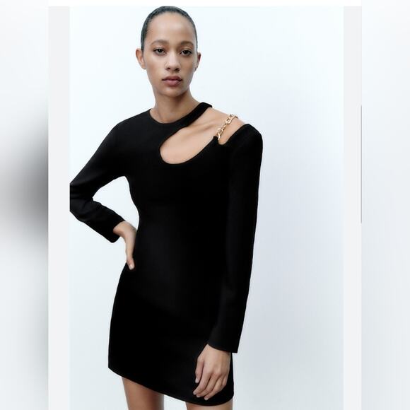 Zara Black Cut Out Gold Chain Mini Dress Size S - Picture 11 of 11